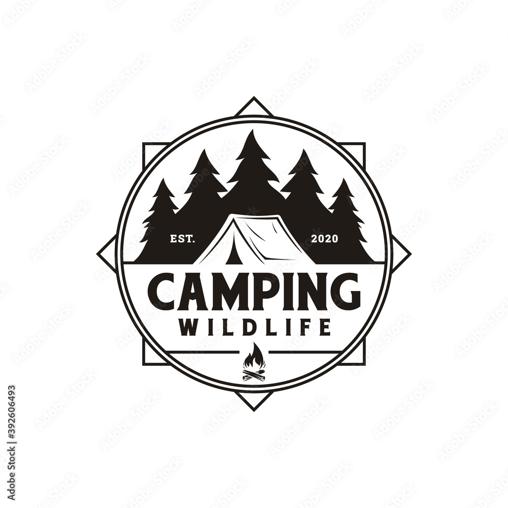 Compass and forest camping logo emblem summer camping vector illustration with tent and pine trees silhouette