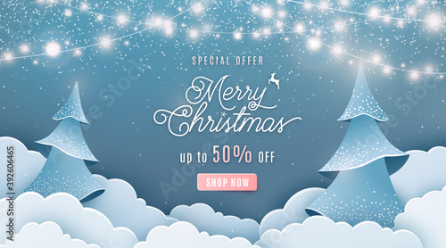 Merry christmas sale 50 off vector background. Winter holiday discount ad banner with light garland, spruce fir tree, clouds, falling snow texture effect and offer text in papercut style