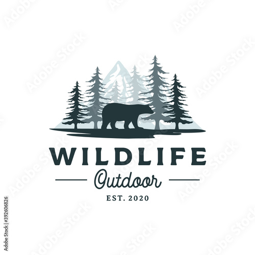 Bear, Mountain and Pine Cedar Conifer Wilderness Adventure Logo Design