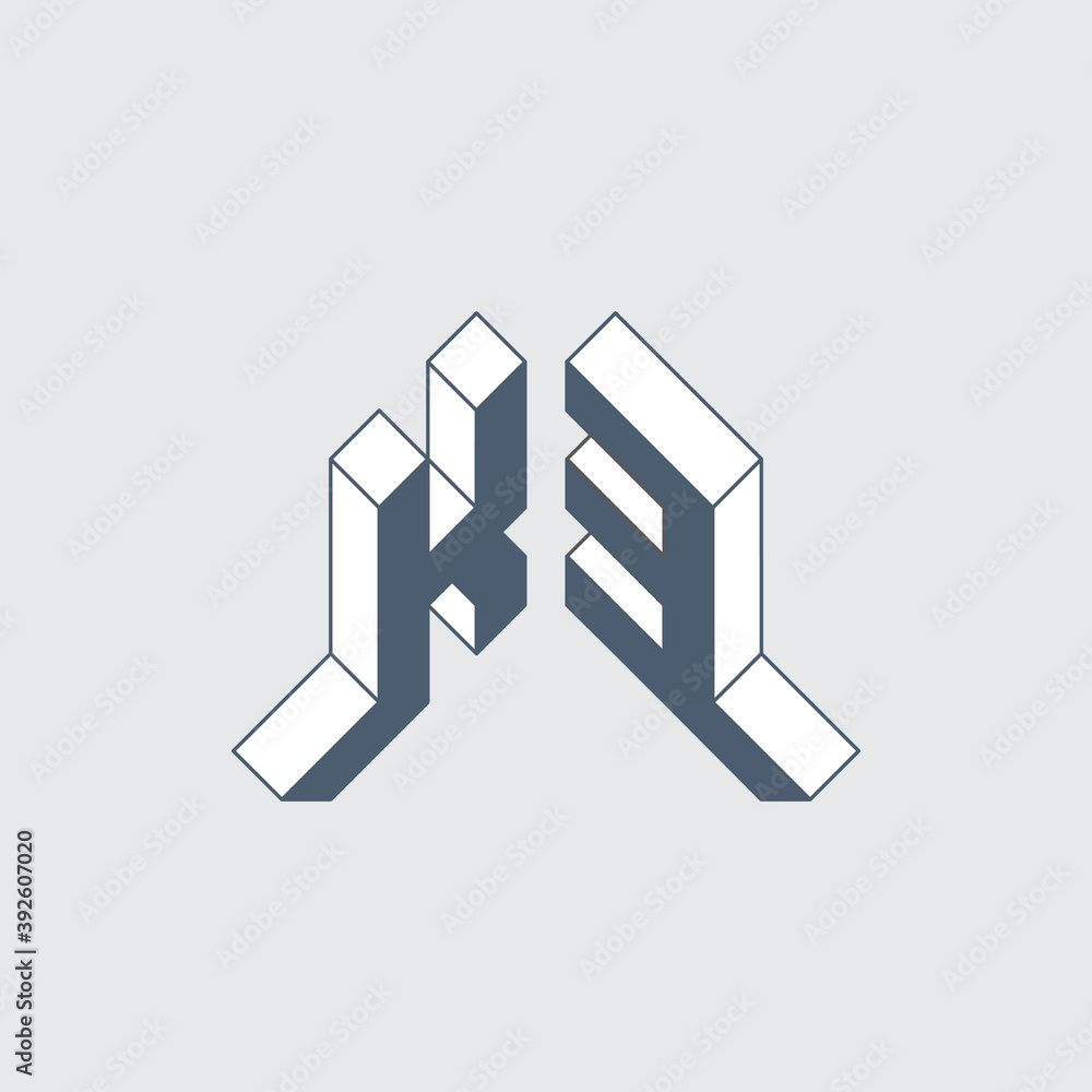 K3 - logo or code. Isometric 3d font for design. Letter K and number 3 - logotype. Three-dimension original letters. Vector.