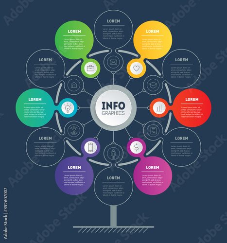 Web Template of tree or diagram of development. Info graphic of technology or education process with six or twelve steps. Business presentation or infographics concept with 6 or 12 options.
