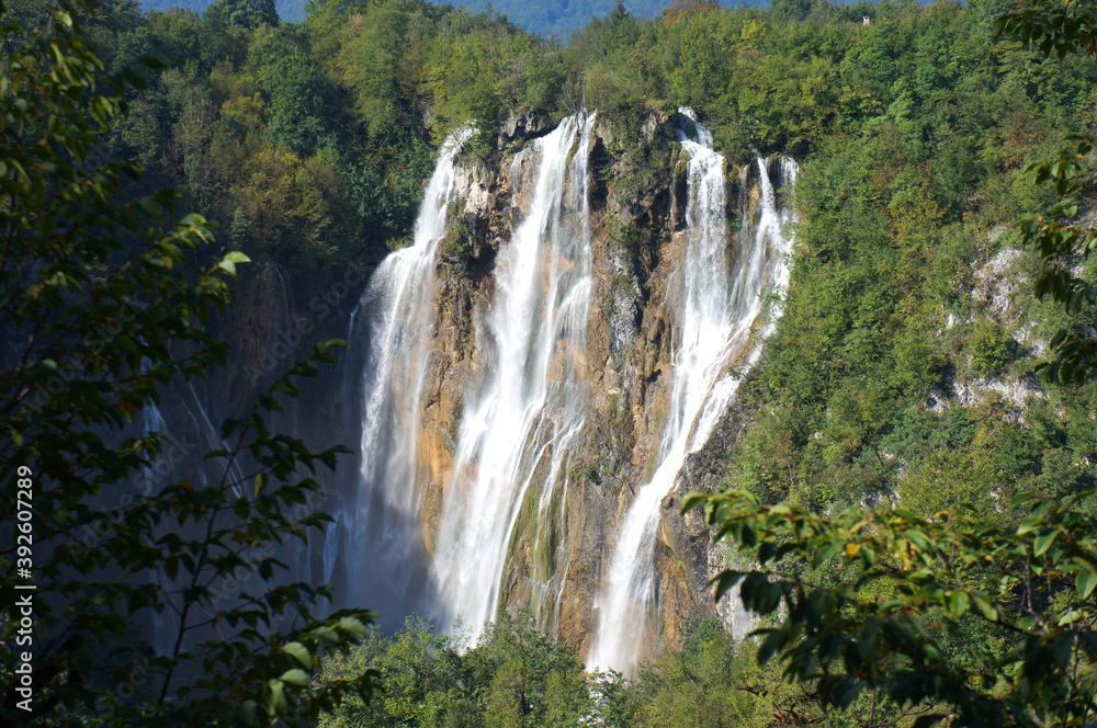 Cascades of Plitvice Lakes waterfalls in Croatia