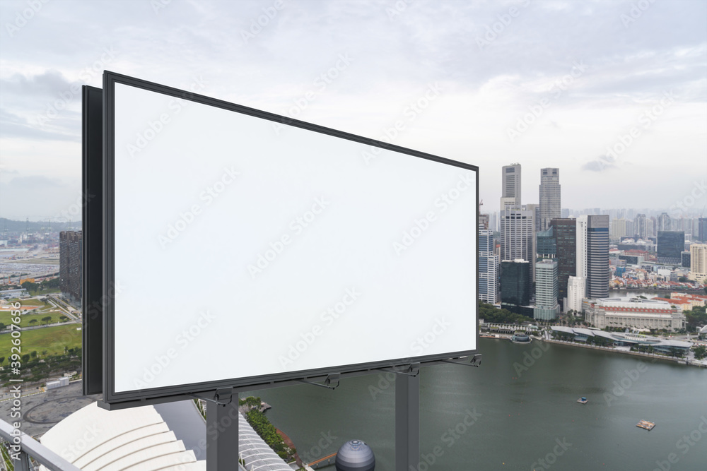 Blank white road billboard with Singapore cityscape background at day time. Street advertising poster, mock up, 3D rendering. Side view. The concept of marketing communication or sell idea. Blank white road billboard with Singapore cityscape background at day time. Street advertising poster, mock up, 3D rendering. Side view. The concept of marketing communication or sell idea.