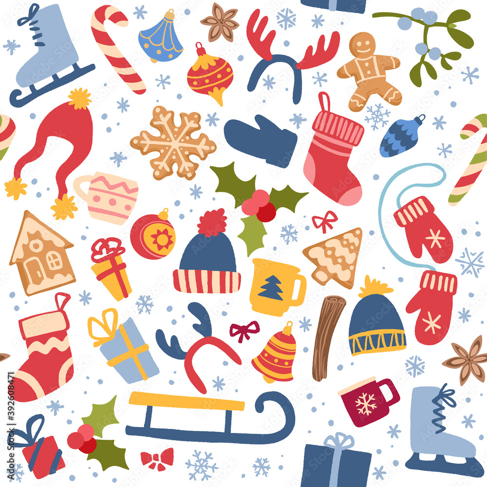 Decorative vector seamless pattern with Christmas and New Year decoration.