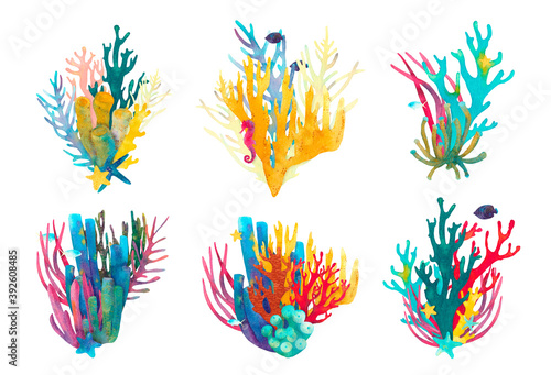 Coral reef watercolor illustration 6 compositions. Hand drawn underwater sea life decorative design. Beautiful bright corals, fish, starfish, seaweed, marine life on white background