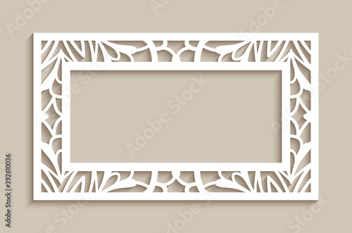 Rectangle frame with ornamental lace border. Cutout paper decoration for wedding invitation card design. Elegant template for laser cutting. Place for text.