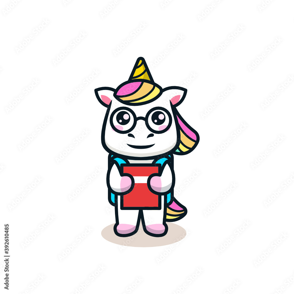 Cute unicorn in student reading and holding books Cute unicorn in student reading and holding books