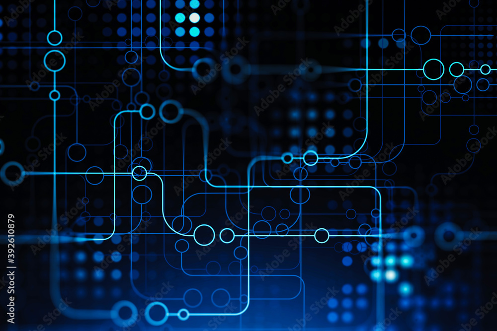 Futuristic circuit interface over blue background. Concept of high tech and data analysis. 3d rendering toned image double exposure Futuristic circuit interface over blue background. Concept of high tech and data analysis. 3d rendering toned image double exposure