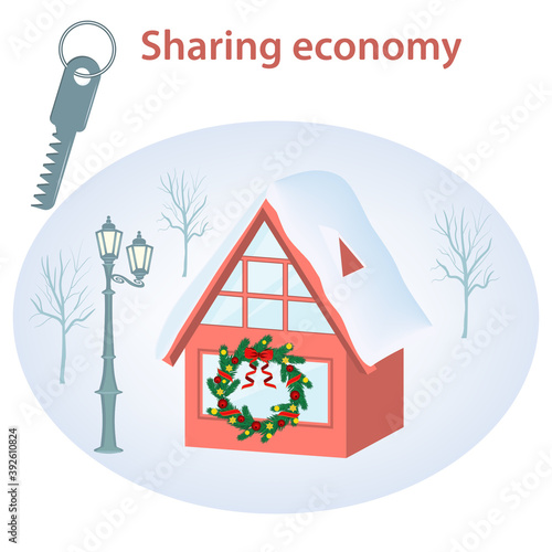 House in the village. Christmas wreath. Vector illustration. Design Concept. Sharing Economy.