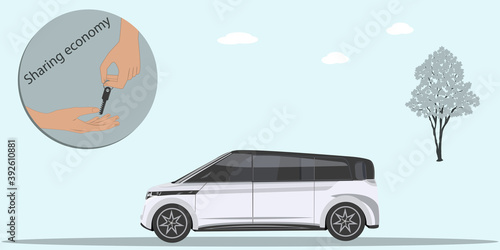 Jeep car. Car key from hand to hand. Vector illustration. Sharing Economy Design Concept