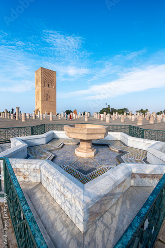 The Mausoleum of Mohammed V and the Hassan Tower on the Yacoub al-Mansour esplanade in the capital city of Rabat, Morocco.