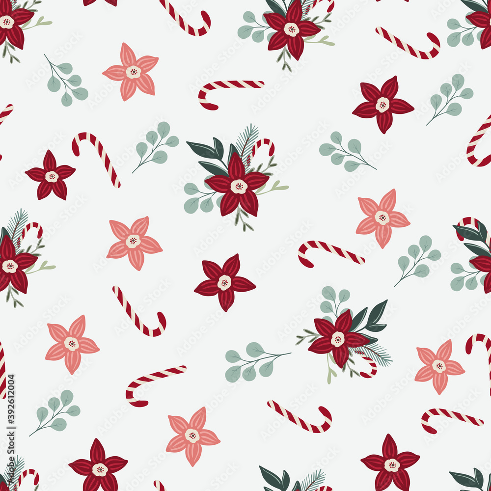 Merry Christmas seamless pattern in traditional colors with vector hand drawn illustration.  repeated background for wrapping paper, fabric, christmas decoration