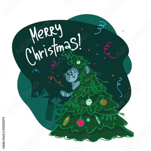 Cat on a Christmas tree trying to drop her new year and Christmas cute cartoon vector illustration for postcards calendars and posters. Merry Christmas lettering.