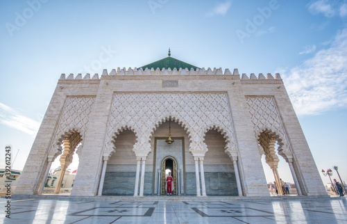 The Mausoleum of Mohammed V and the Hassan Tower on the Yacoub al-Mansour esplanade in the capital city of Rabat, Morocco.