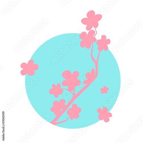 Sakura flowers and circle isolated on white background. Flat design for poster or t-shirt. Vector illustration