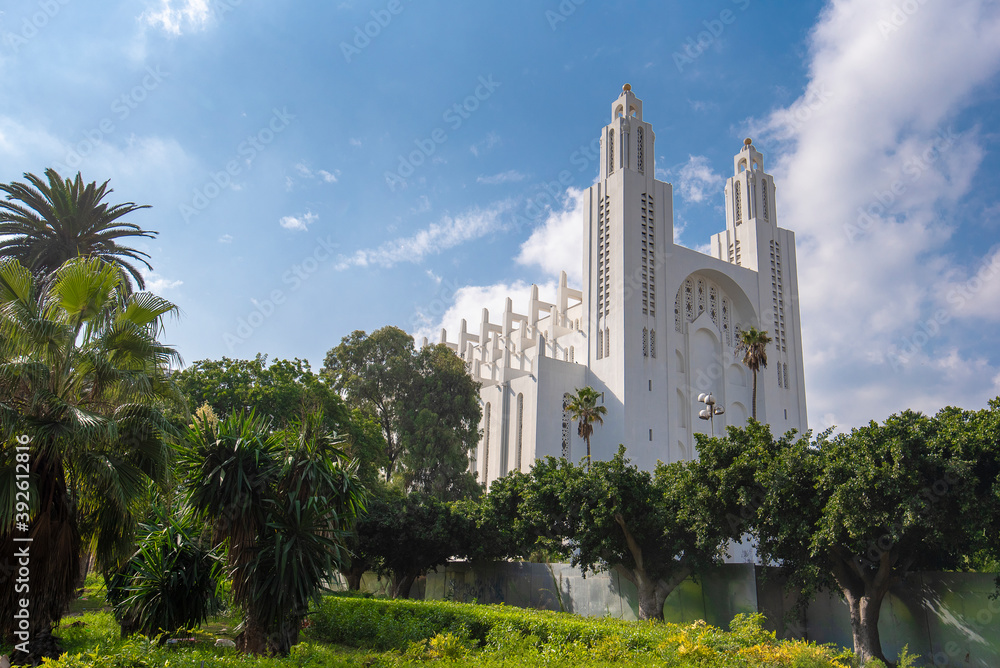 The former Catholic Church of the Sacred Heart of Jesus in Casablanca, Morocco, built in 1930. The white cathedral ceased its religious function in 1956, after the independence of Morocco