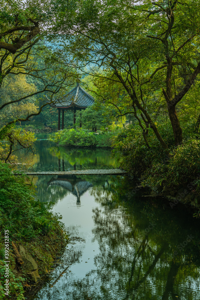 Traditional Chinese garden with pavilion and forest in Hangzhou, China, autumn time. Traditional Chinese garden with pavilion and forest in Hangzhou, China, autumn time.