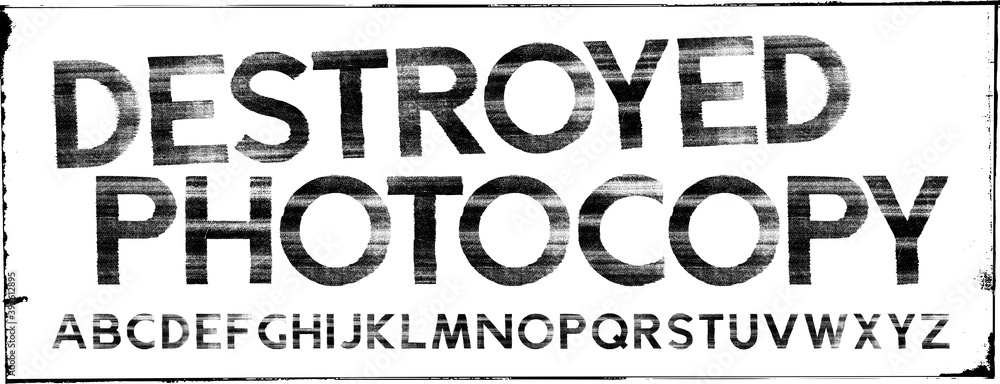 Destroyed Photocopy Texture Font Design. Geometric sans font with a glitchy, rippled photocopy texture. Unique new design. Compound path and optimised. Highly detailed individually textured characters