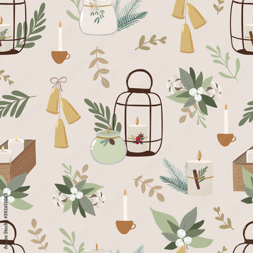 Merry Christmas seamless pattern in traditional colors with vector hand ...