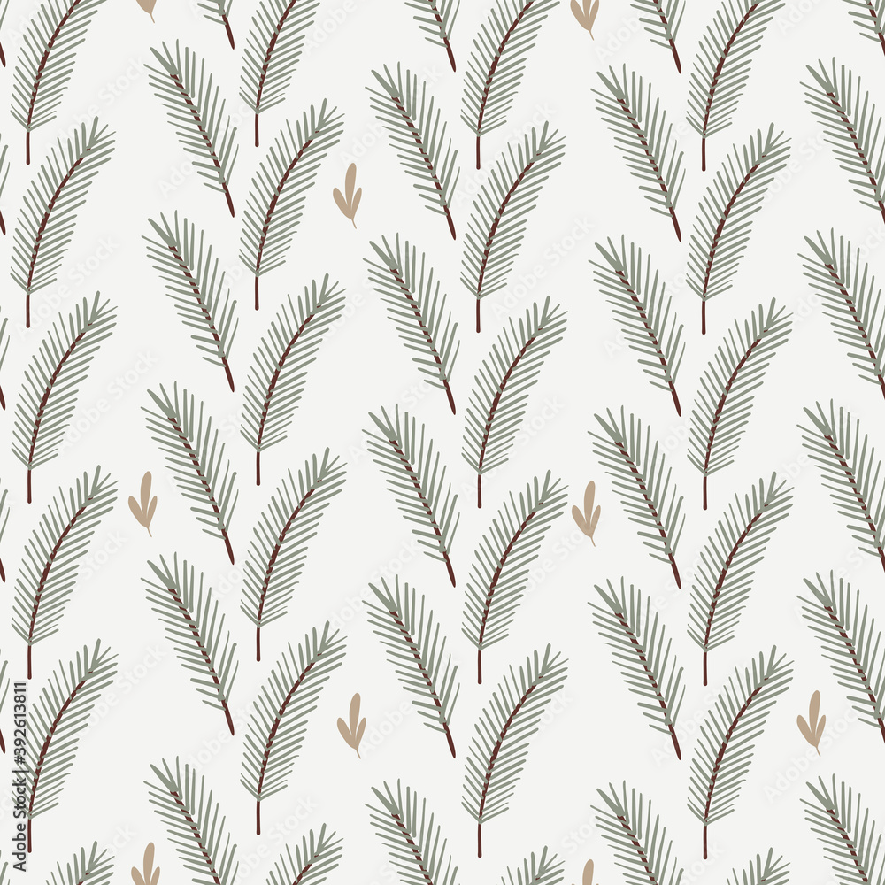Merry Christmas seamless pattern with vector hand drawn floral leaves and branches.Christmas repeated background for wrapping paper, fabric, christmas decoration