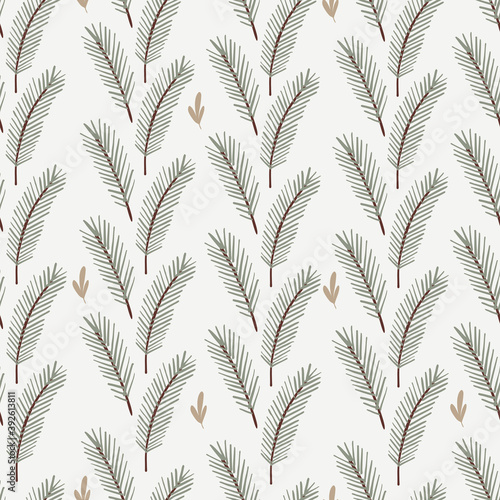Merry Christmas seamless pattern with vector hand drawn floral leaves and branches.Christmas repeated background for wrapping paper  fabric  christmas decoration