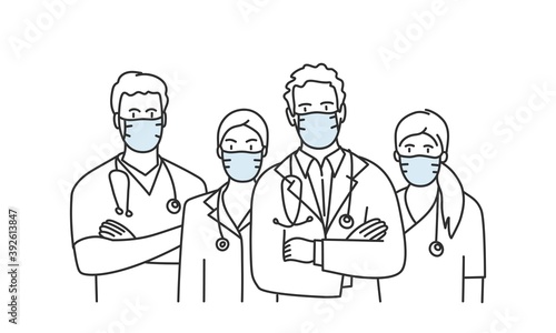 Male and female doctors in protection masks are standing with arms folded. Pandemic concept. Hand drawn vector illustration.