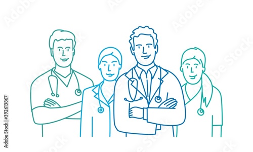 Color lines vector of male and female doctors in white medical coats standing with arms folded