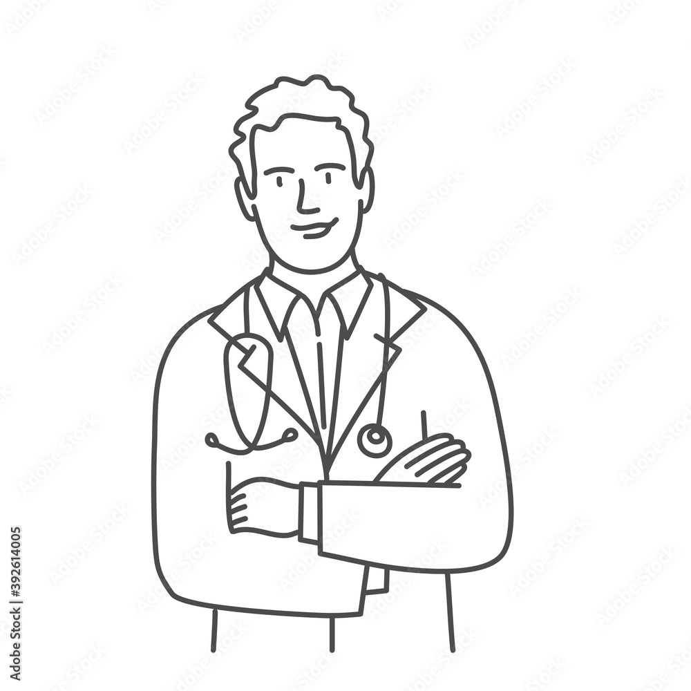 Male doctors in white medical coats standing with arms folded. Hand drawn vector illustration.