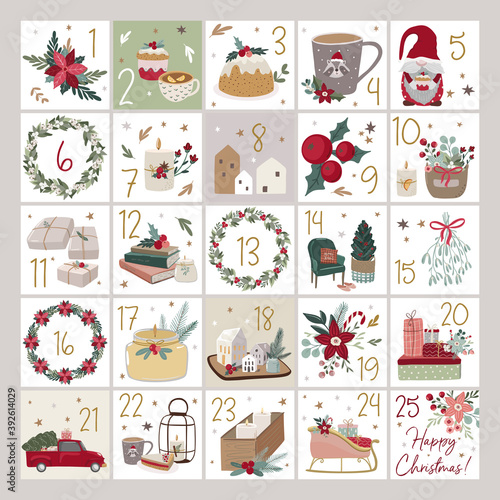 Christmas advent calendar printable vector hand drawn scandinavian style. Printable poster