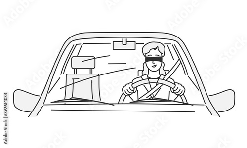 Woman blindfolded driving. Hand drawn vector illustration.