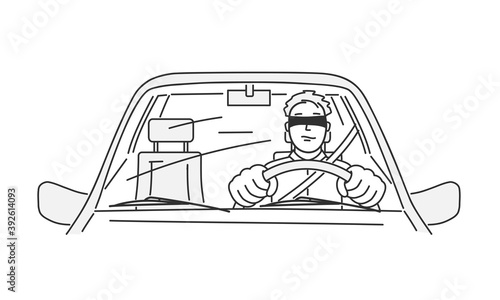 Man blindfolded driving. Hand drawn vector illustration.