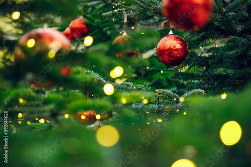 Christmas soft focus concept picture of light lamps illumination and red ball toys on pine trees green branches