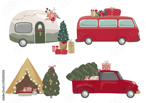 Christmas clipart vector illustration with christmas truck, camper, tent, van and christmas tree.Elements for posters, cards, banners, flyer. set  of hand drawn scandinavian style florals and objects