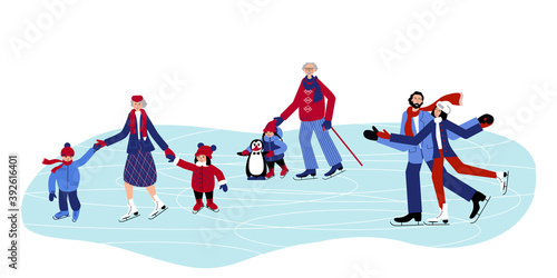The Large Family is Skating on the Ice in Winter. Grandfather and Grandmother are Teaching Grandchildren. Dad and Mum are Dancing on the Ice. Winter Activity for all Family members.