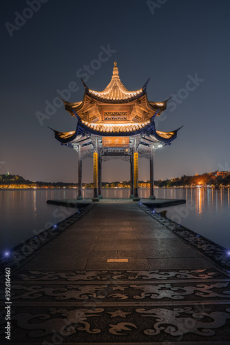 Night view of Jixian pavilion  the landmark at the West Lake in Hangzhou  China.