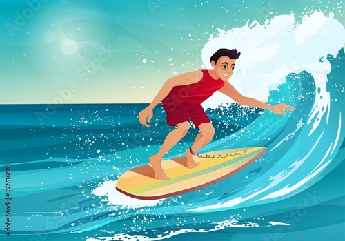 Boy surfing on surfboard. Man swimming with body board. Vector cartoon illustration.  