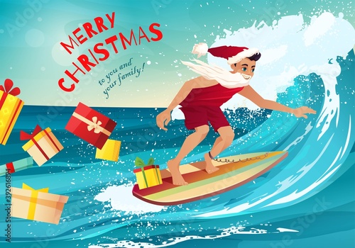 Man in clothes of Santa Claus surfing on the wave in tropical ocean. Vacation, resort, greeting cards. Summer activities cartoon vector illustration.