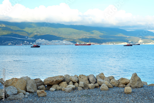 View of the sea and the port in the Tsemesskaya Bay, Novorossiysk. September, November 14, 2020 photo