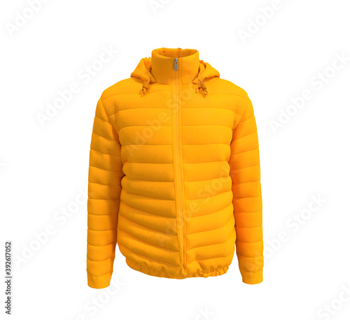 Men's warm sport puffer jacket isolated over white background, jacket design presentation. 3d rendering, 3d illustration photo