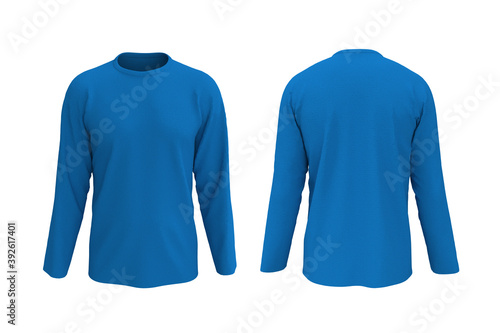 men's blue longsleeve t-shirt mockup in front, and back views, design presentation for print, 3d illustration, 3d rendering