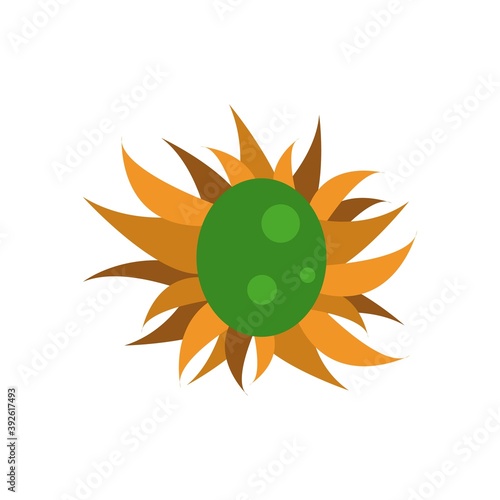 Green dinosaur egg in a nest made of hay, for design, isolated on white background, vector illustration.