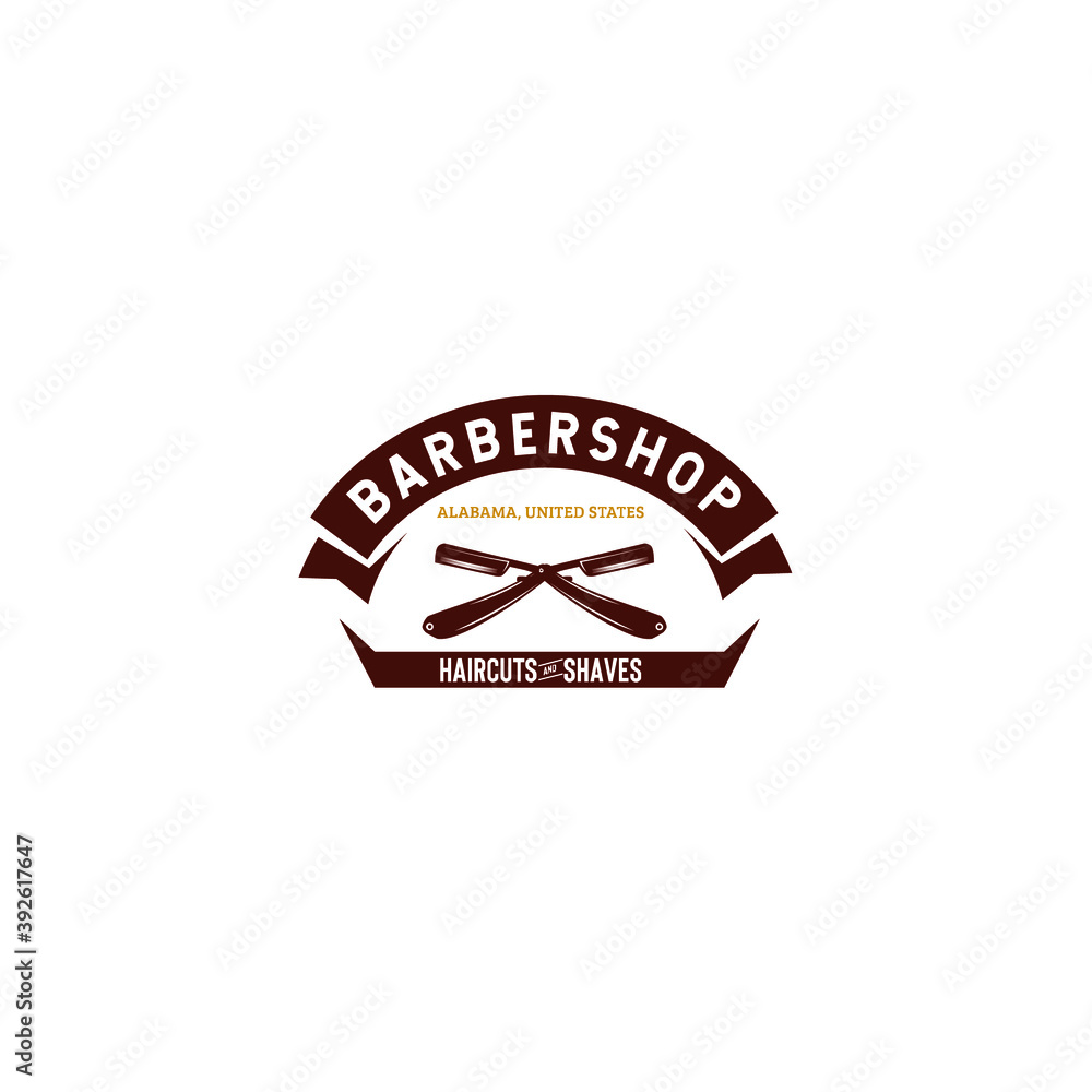 Vector illustration of barbershop classic logo with shaving knife and ribbon isolated on white background perfect for company logo, label, badge, stamp, sign for advertising or promotional material Vector illustration of barbershop classic logo with shaving knife and ribbon isolated on white background perfect for company logo, label, badge, stamp, sign for advertising or promotional material