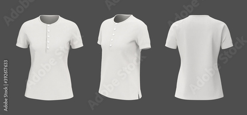 Women's white henley t-shirt mockup with short sleeve in front, side, views, design presentation for print, 3d illustration, 3d rendering