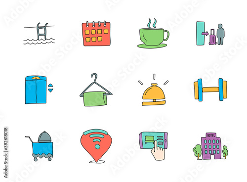 hotel hand drawn linear vector icons isolated on white background. hotel doodle icon set for web and ui design, mobile apps and print products