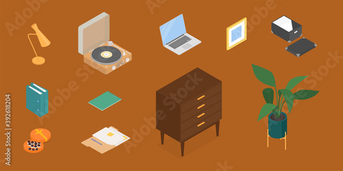 Office set with laptop. Isometric vector illustration in flat design. Working from home, office, doing homework, school.
