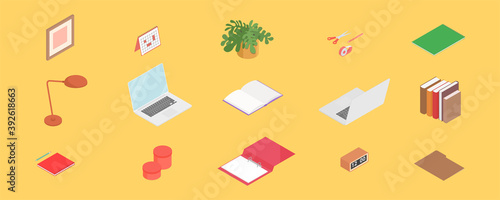 Office supplies set with laptop. Isometric vector illustration in flat design. Working from home, office, doing homework, school.
