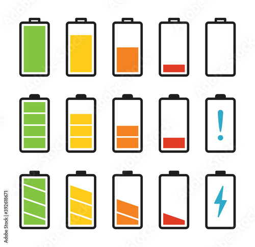 Battery icons set on white background, flat design, vector eps10 illustration