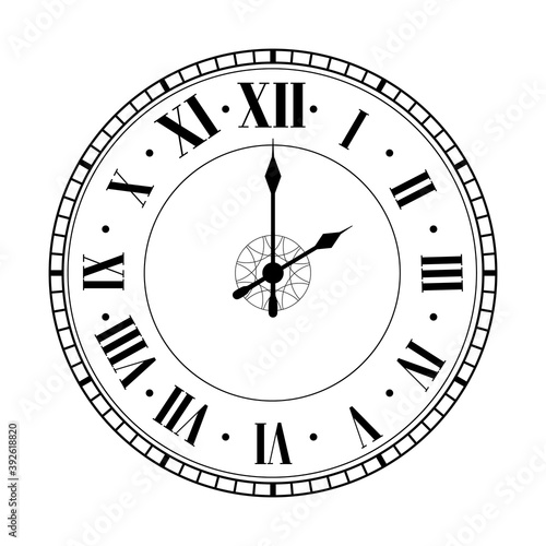 Vector vintage clocks. Clock face with Roman numerals isolated on white background. Vector