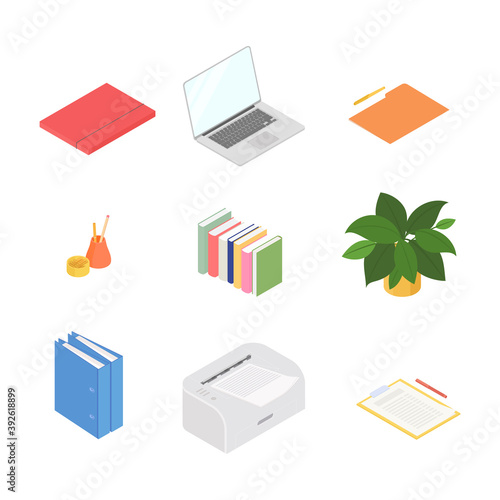 Office supplies set with laptop and printer. Isometric vector illustration in flat design. Working from home, office, doing homework, school.
