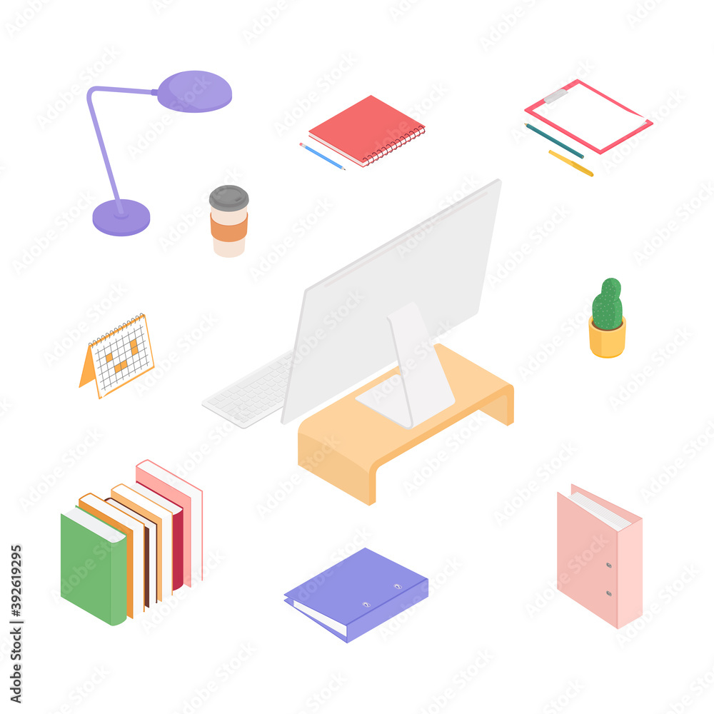 Office supplies set with computer. Isometric vector illustration in flat design. Working from home, office, doing homework, school.
Office supplies set with computer. Isometric vector illustration in flat design. Working from home, office, doing homework, school.